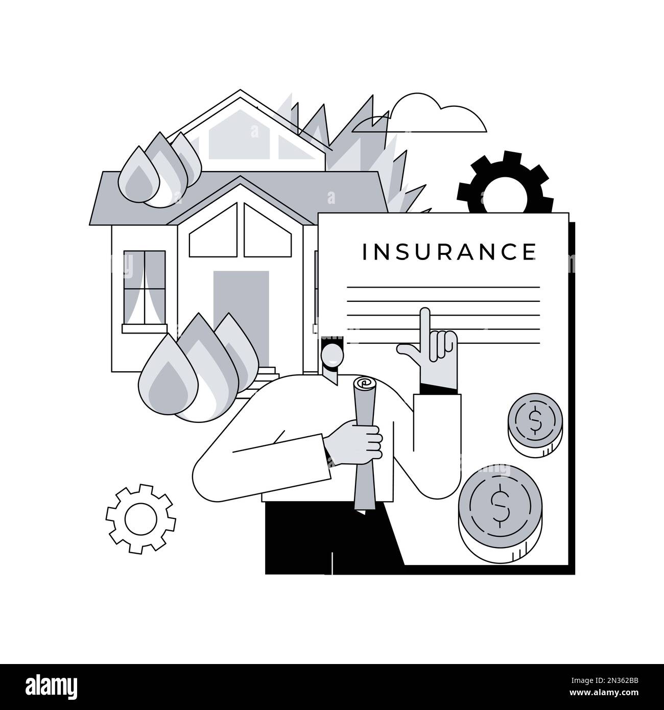 Abstraktes Konzept der Brandversicherung – Vektorgrafik. Feuerschutzversicherung, Unfallversicherung, Schutz von Gegenständen, Standardversicherung, Schadensversicherung, Abstrakte Metapher des Staatsdienstes. Stock Vektor