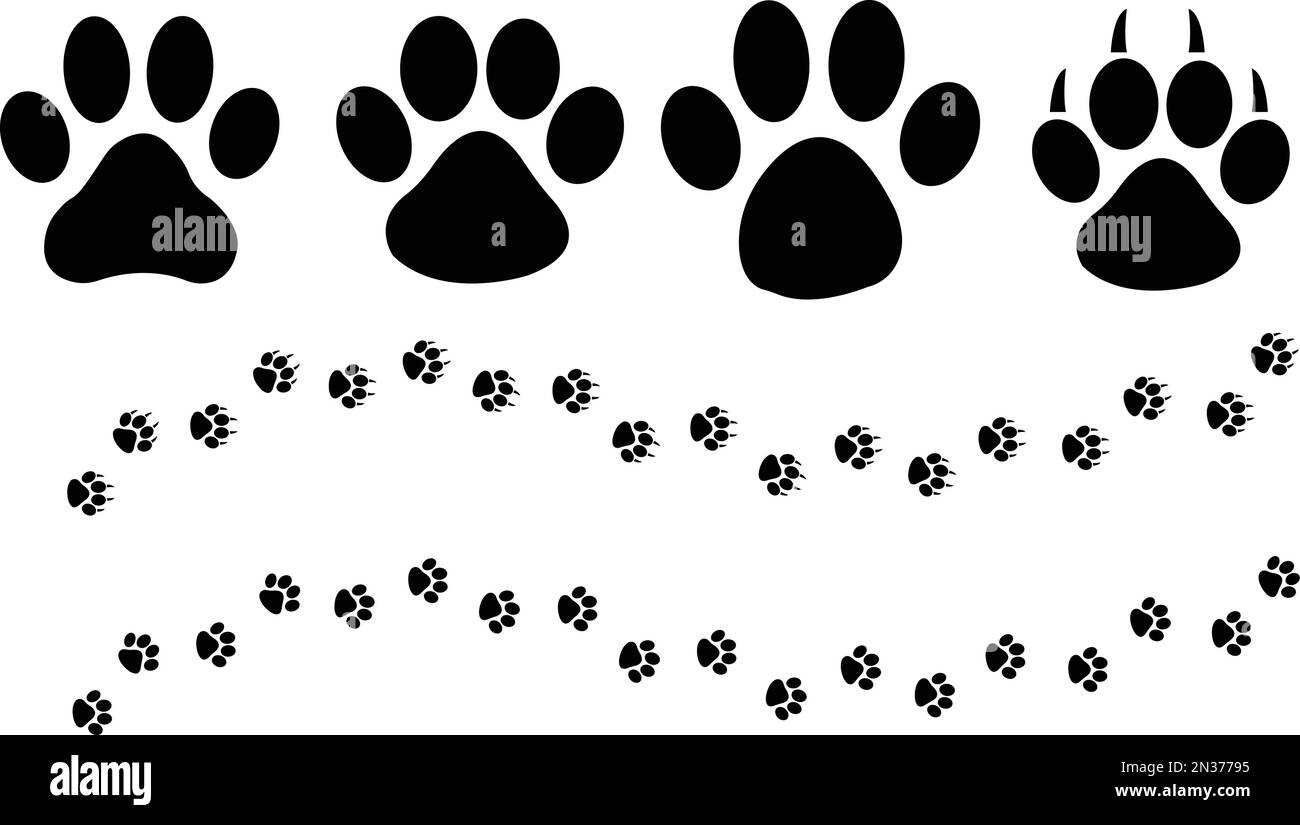 Set Paw Print des Hundes, Katzenabdruck, Fußabdruck des Hündchens. Diagonale Silhouette für T-Shirts. Nahtloses Texturmuster Stock Vektor
