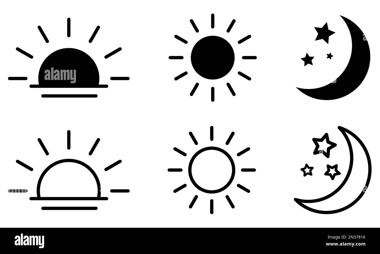 Sammlung der Symbole für die Uhrzeit des Tages. Aufgehende und untergehende Sonne, Halbmond und Sterne, Tag- und Nachtsymbole. Vektordarstellung Stock Vektor