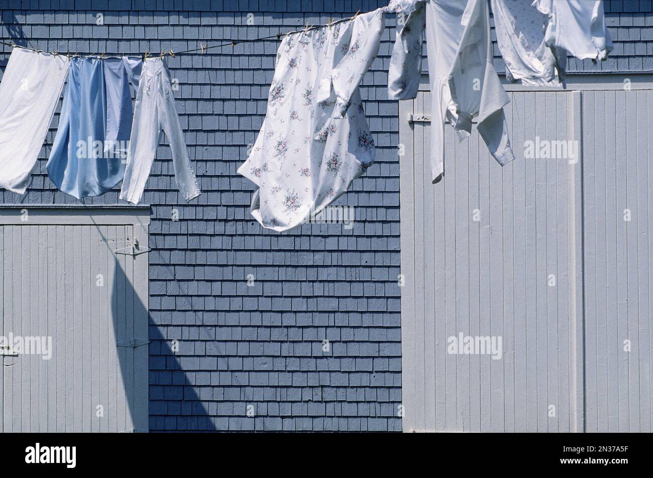 Wäsche hängen auf Linie, Seal Cove, Grand Manan Island, New Brunswick, Kanada Stockfoto