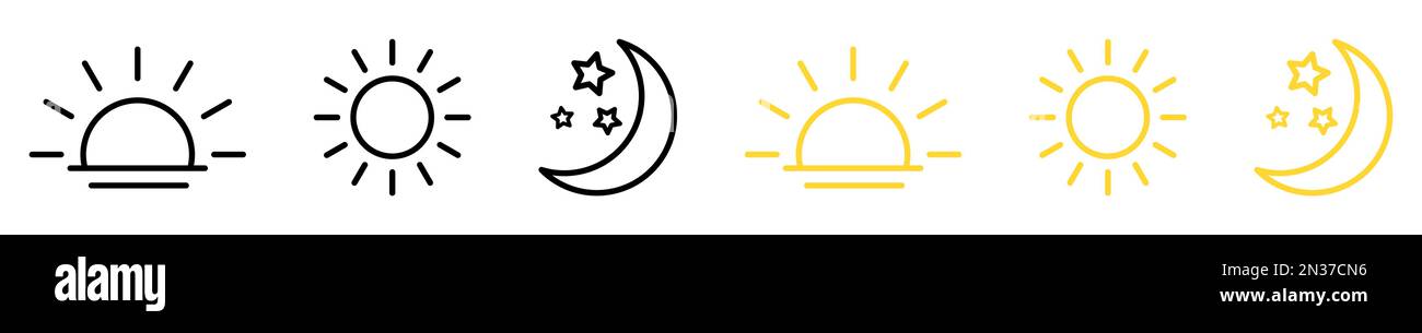 Zeichen für die Tageszeit. Aufgehende und untergehende Sonne, Halbmond und Sterne, Tag- und Nachtsymbole. Vektordarstellung Stock Vektor