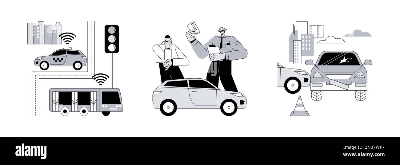 Traffic Control Abstract Concept Vector Illustrationsset. Intelligentes Verkehrssystem, Verkehrsbehinderungen, Verkehrsunfall, intelligentes fahrerloses Auto, Geschwindigkeitsregelung, Treibende Regeln Verletzung abstrakte Metapher. Stock Vektor