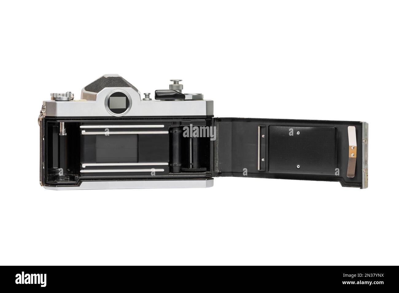 Die Anleitungsansicht zeigt Filmkammer, Verschluss mit Führungsschienen, Filmaufnahmespule und Druckplatte auf der Kamerarückseite. Stockfoto