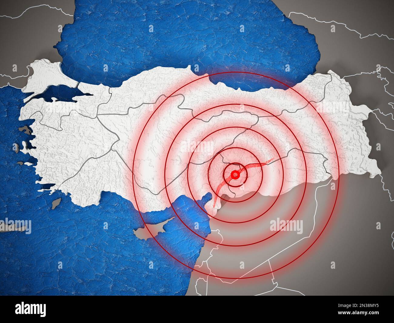3D Abbildung eines schweren Erdbebens im Südosten der Türkei. 3D Abbildung. Stockfoto