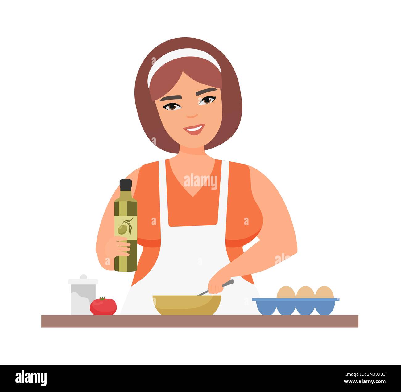 Lächelnde Frau, die Essen kocht. Zubereitung von Speisen, Küchenchef-Vektorfilm-Illustration Stock Vektor