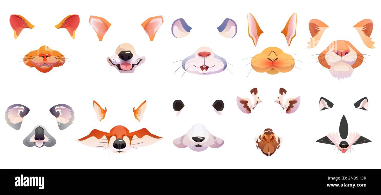 Cartoon-Gesichtsfilter mit niedlichen Tiermasken für Selfie-Fotos oder Videochats. Ohren und Nase von Katze, Hund, Fuchs, Waschbär, Kaninchen, löwe, Koala, Maus und Giraffe für Handy-App oder soziale Inhalte Stock Vektor