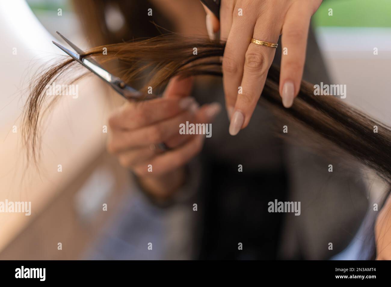 Anonymer Stylist mit scharfer Schere, die gerade Haare einer unbekannten Kundin im Schönheitsstudio schneidet Stockfoto