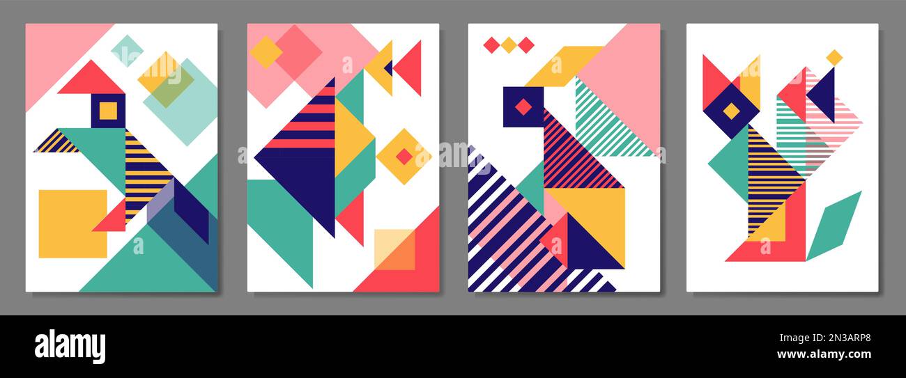 Geometrische Tanga-Abdeckungen mit Tieren. Stock Vektor