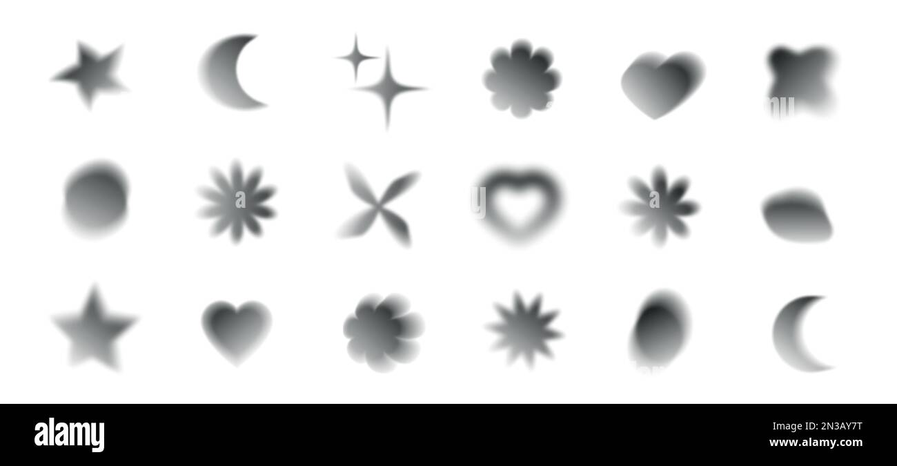 Abstrakte, verschwommene Verläufe, Herz- und Blumenset. Weiche, einfarbige Grafikelemente-Kollektion. Y2K Ästhetik-Aura. Vektor-isolierte Darstellung Stock Vektor