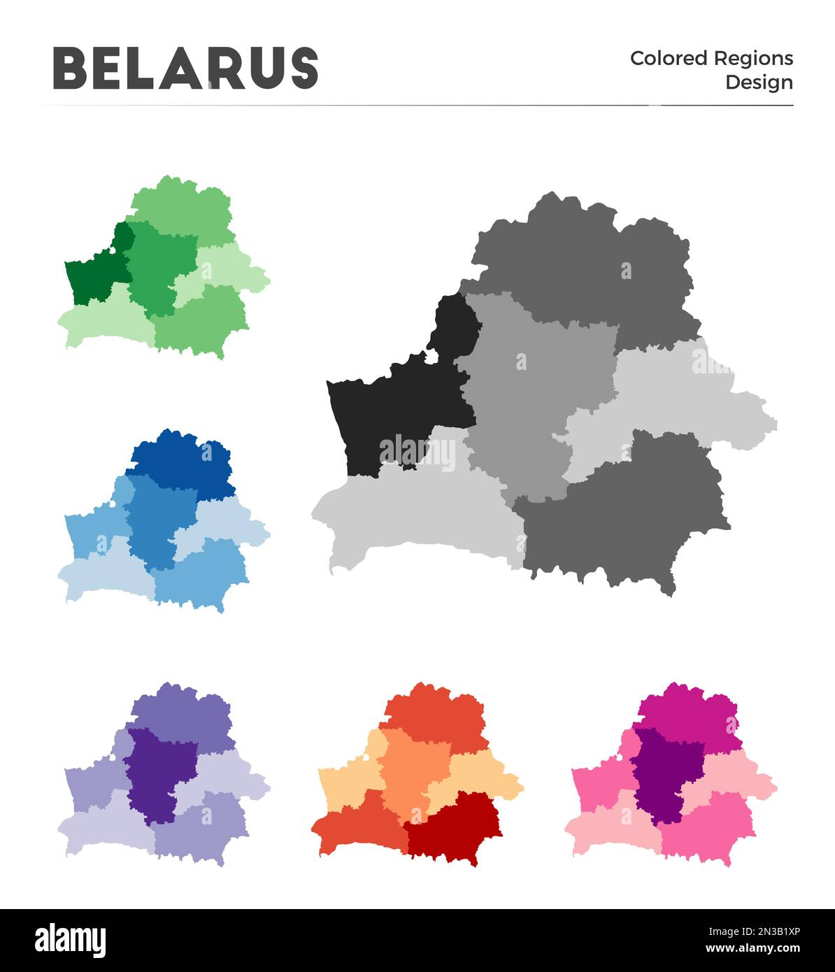 Kartensammlung Weißrussland. Grenzen von Belarus für Ihre Infografik. Farbige Länderregionen. Vektordarstellung. Stock Vektor
