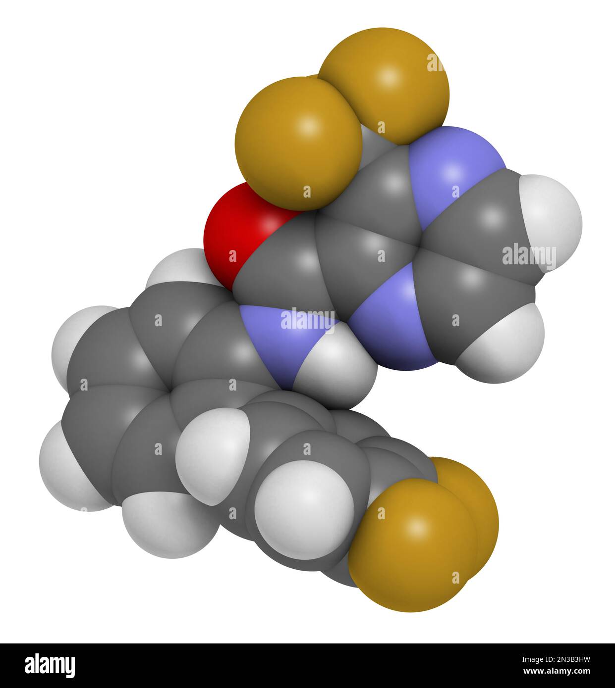 Pyraziflumid-Fungizidmolekül. 3D-Rendering. Atome werden als Kugeln mit herkömmlicher Farbcodierung dargestellt: Wasserstoff (weiß), Kohlenstoff (grau), Sauerstoff Stockfoto