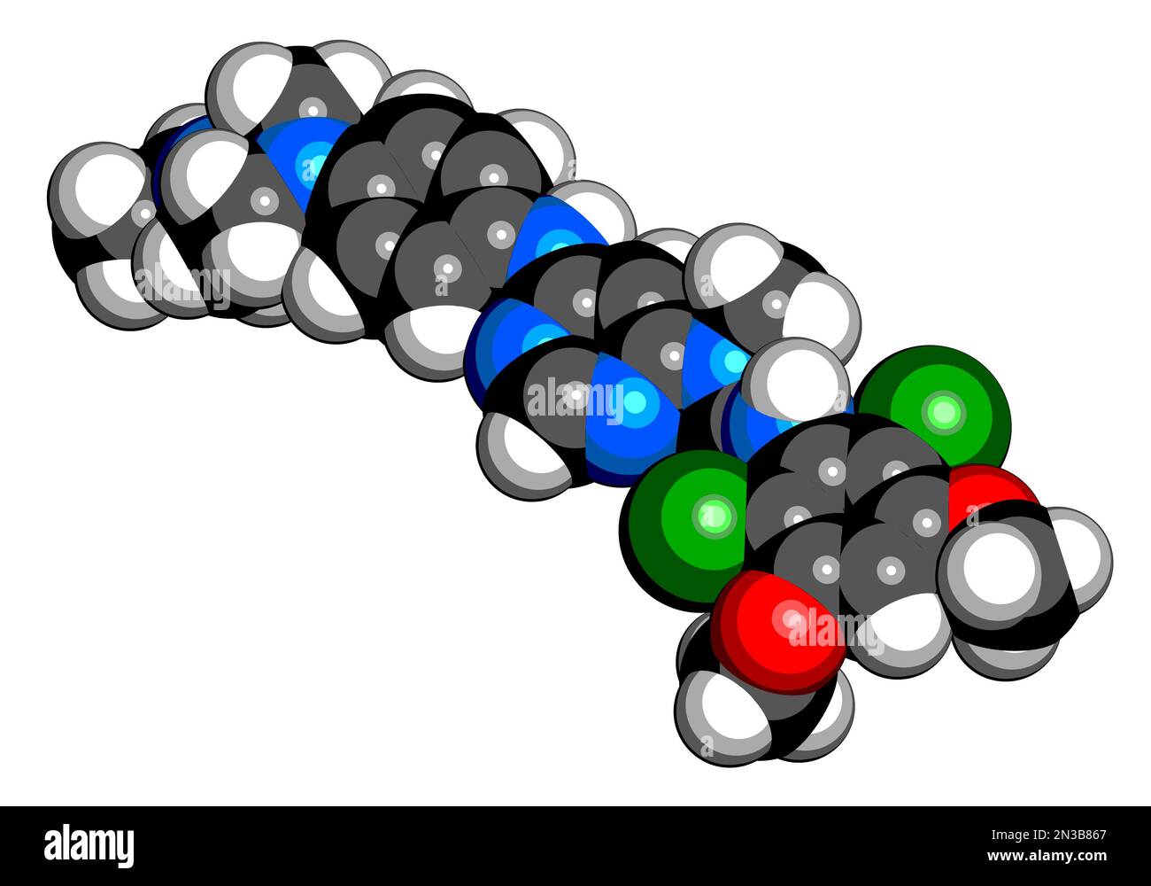 Arzneimittelmolekül von Infigratinib. 3D-Rendering. Atome werden als Kugeln mit herkömmlicher Farbcodierung dargestellt: Wasserstoff (weiß), Kohlenstoff (schwarz), Stickstoff Stockfoto