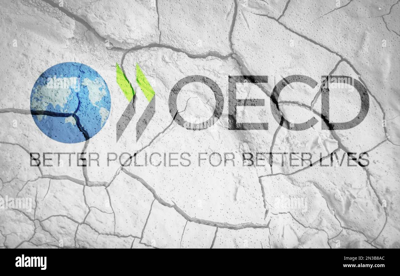 Flagge der Organisation für wirtschaftliche Zusammenarbeit und Entwicklung. Markierung und Symbol. Flagge auf dem Hintergrund von trockener, gerissener Erde. OECD-Flagge mit Dürre c Stockfoto