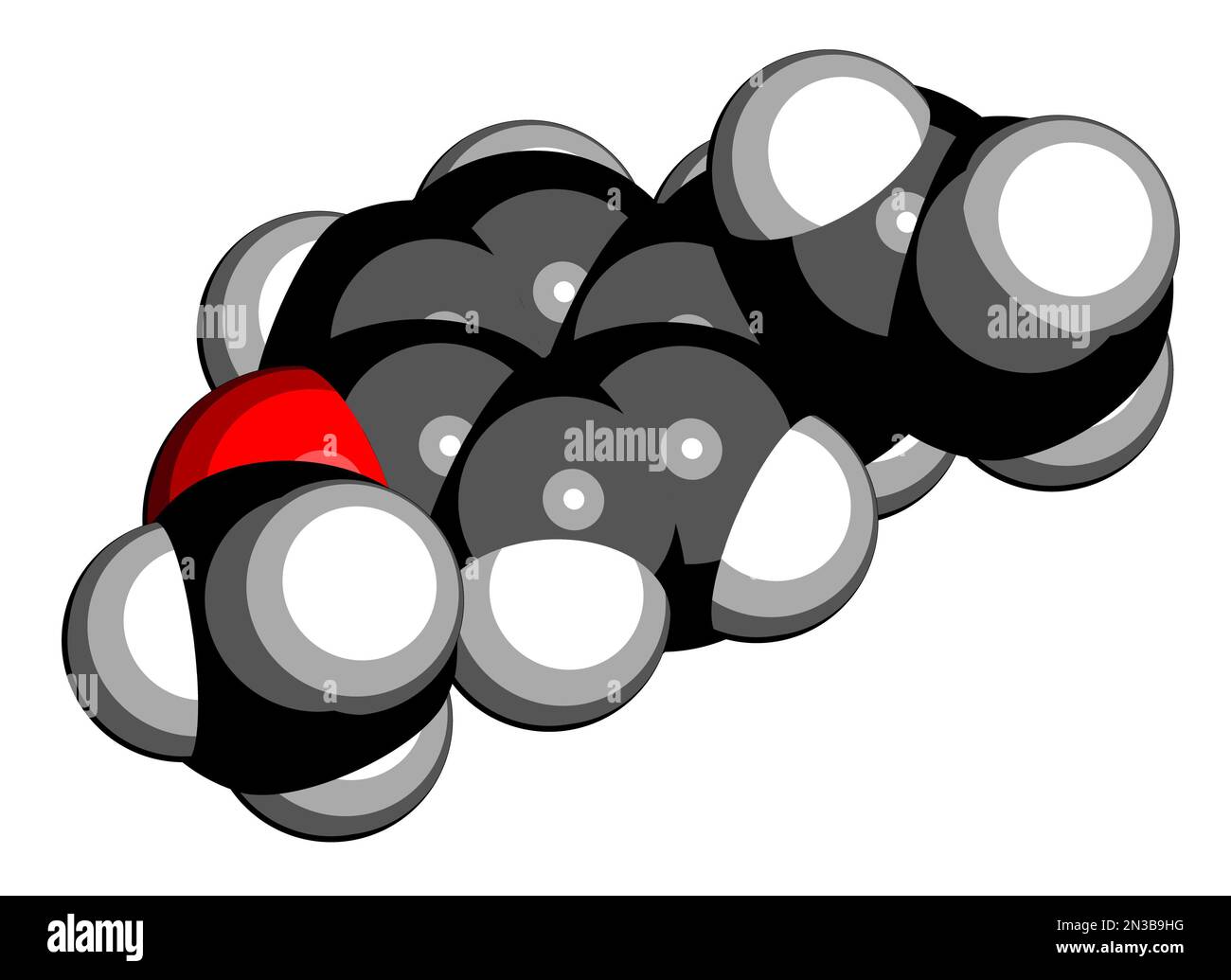 Ostragole pflanzliche Moleküle. 3D-Rendering. Atome werden als Kugeln mit herkömmlicher Farbcodierung dargestellt: Wasserstoff (weiß), Kohlenstoff (schwarz), Sauerstoff (re Stockfoto