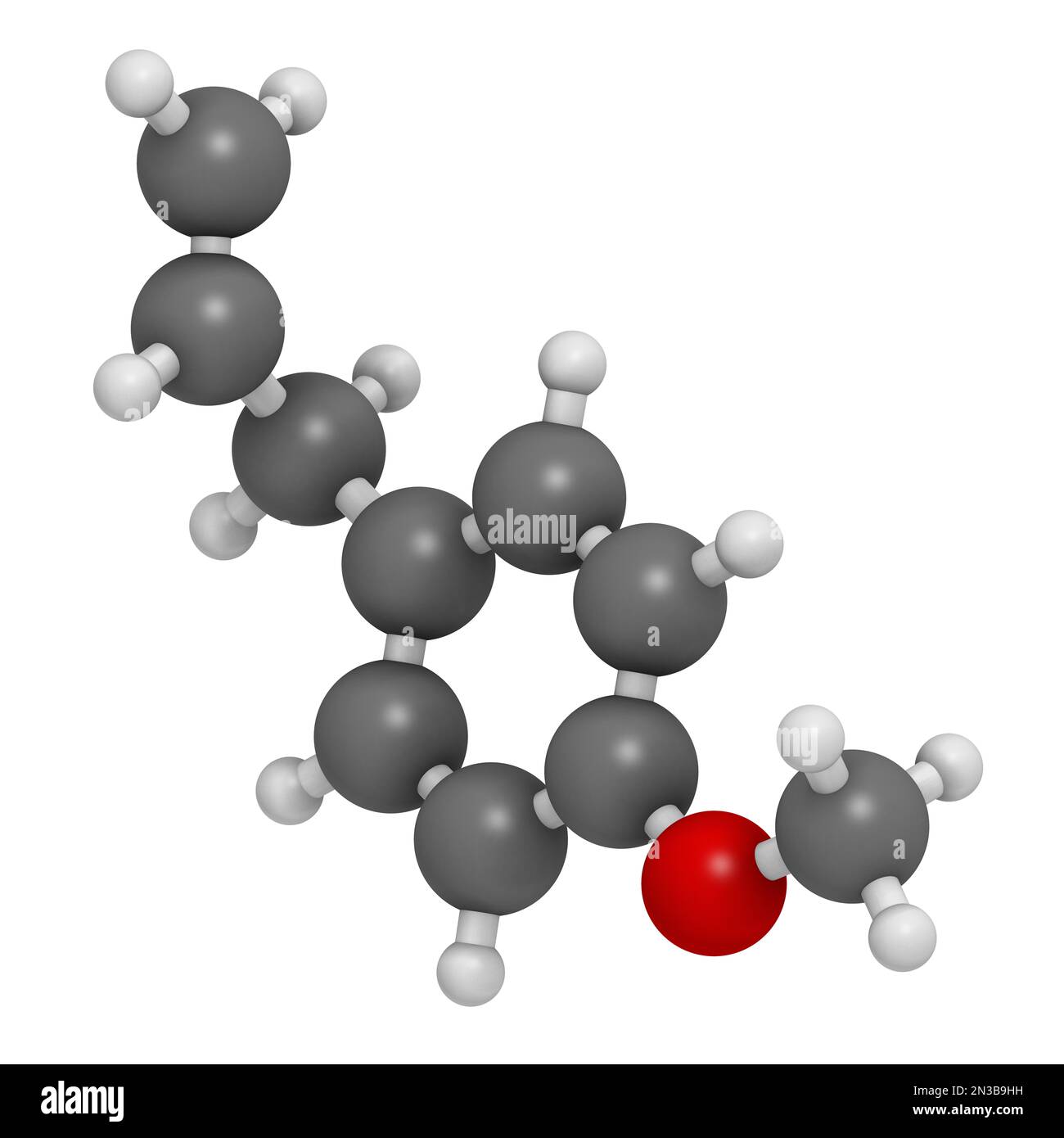 Ostragole pflanzliche Moleküle. 3D-Rendering. Atome werden als Kugeln mit herkömmlicher Farbcodierung dargestellt: Wasserstoff (weiß), Kohlenstoff (grau), Sauerstoff (rot) Stockfoto