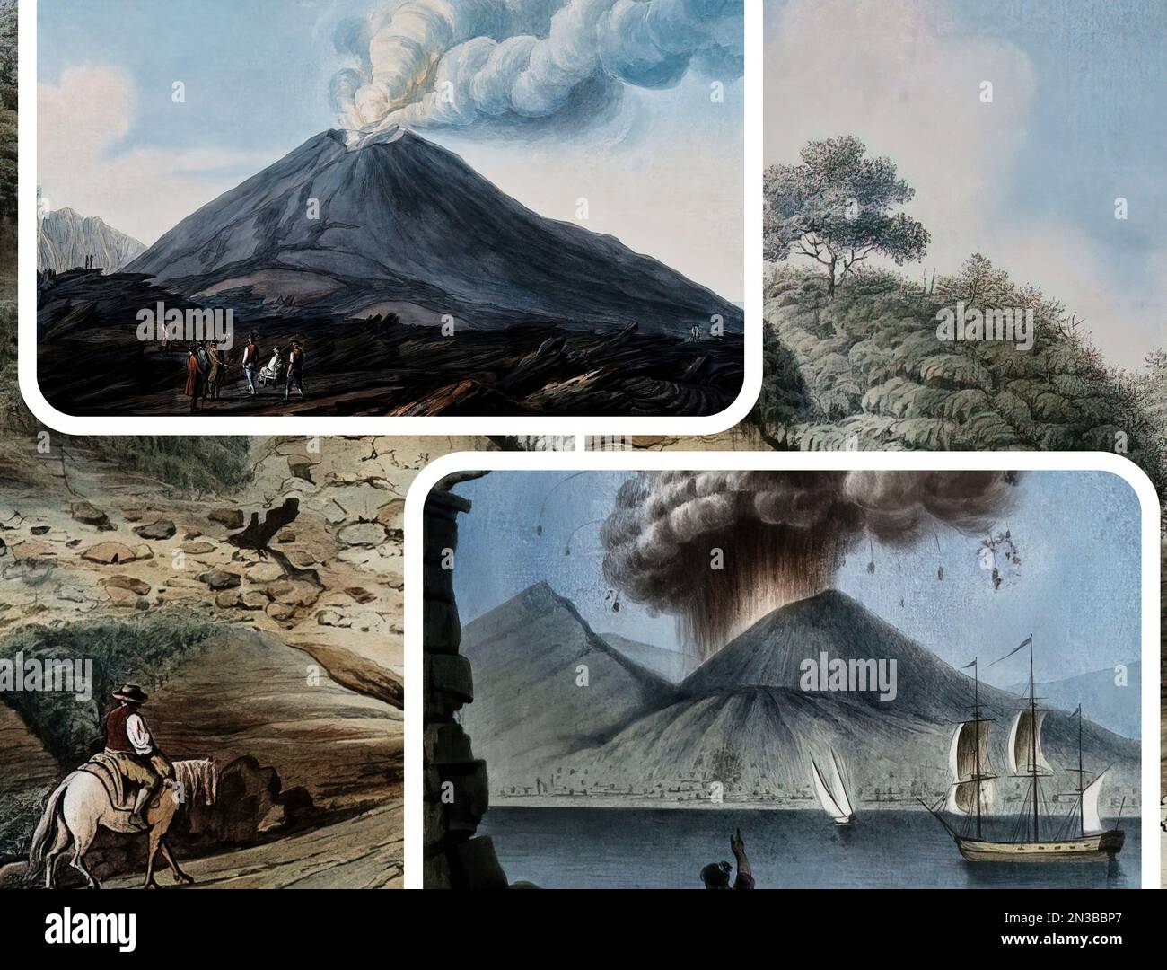 Einige Gemälde, die zwischen 1700 und 1800 angefertigt wurden und Ausbrüche des berühmten Vulkans Vesuv (Neapel, Kampanien) darstellen Stockfoto