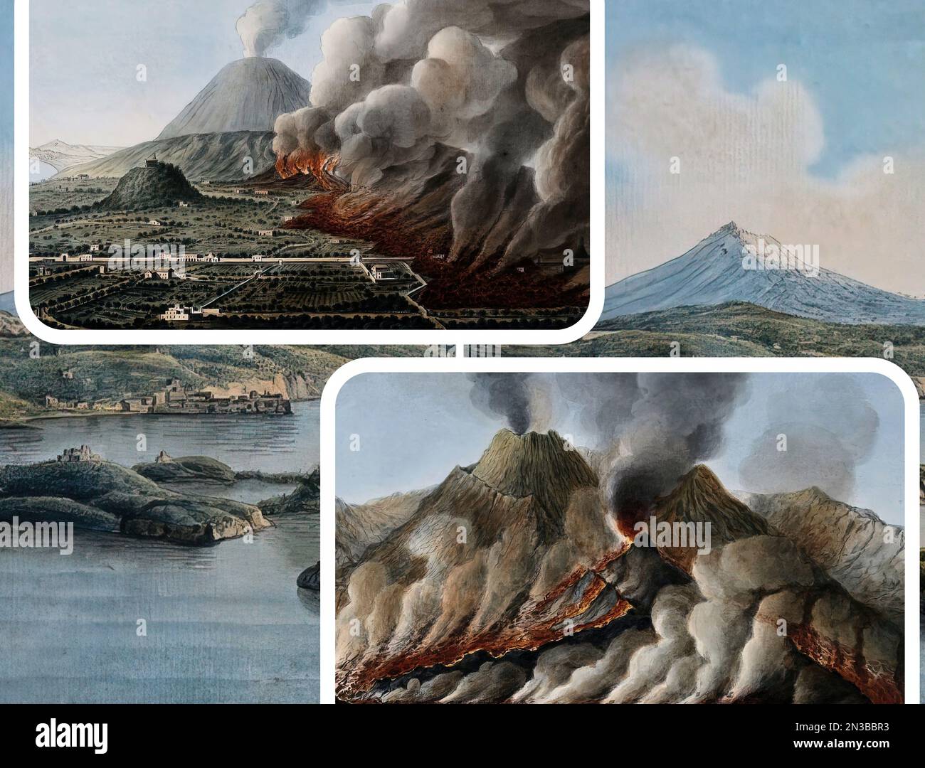 Einige Gemälde, die zwischen 1700 und 1800 angefertigt wurden und Ausbrüche des berühmten Vulkans Vesuv (Neapel, Kampanien) darstellen Stockfoto