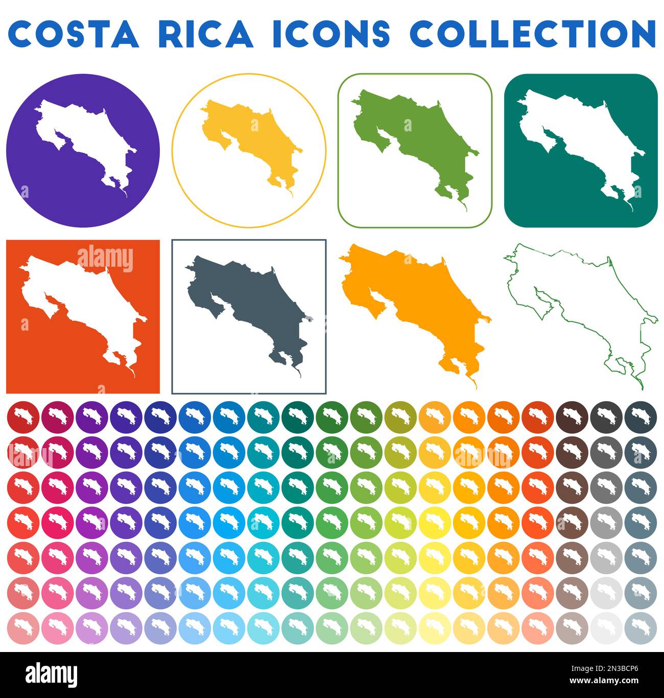 Costa Rica Icons Kollektion. Bunte, trendige Kartensymbole. Modernes ...