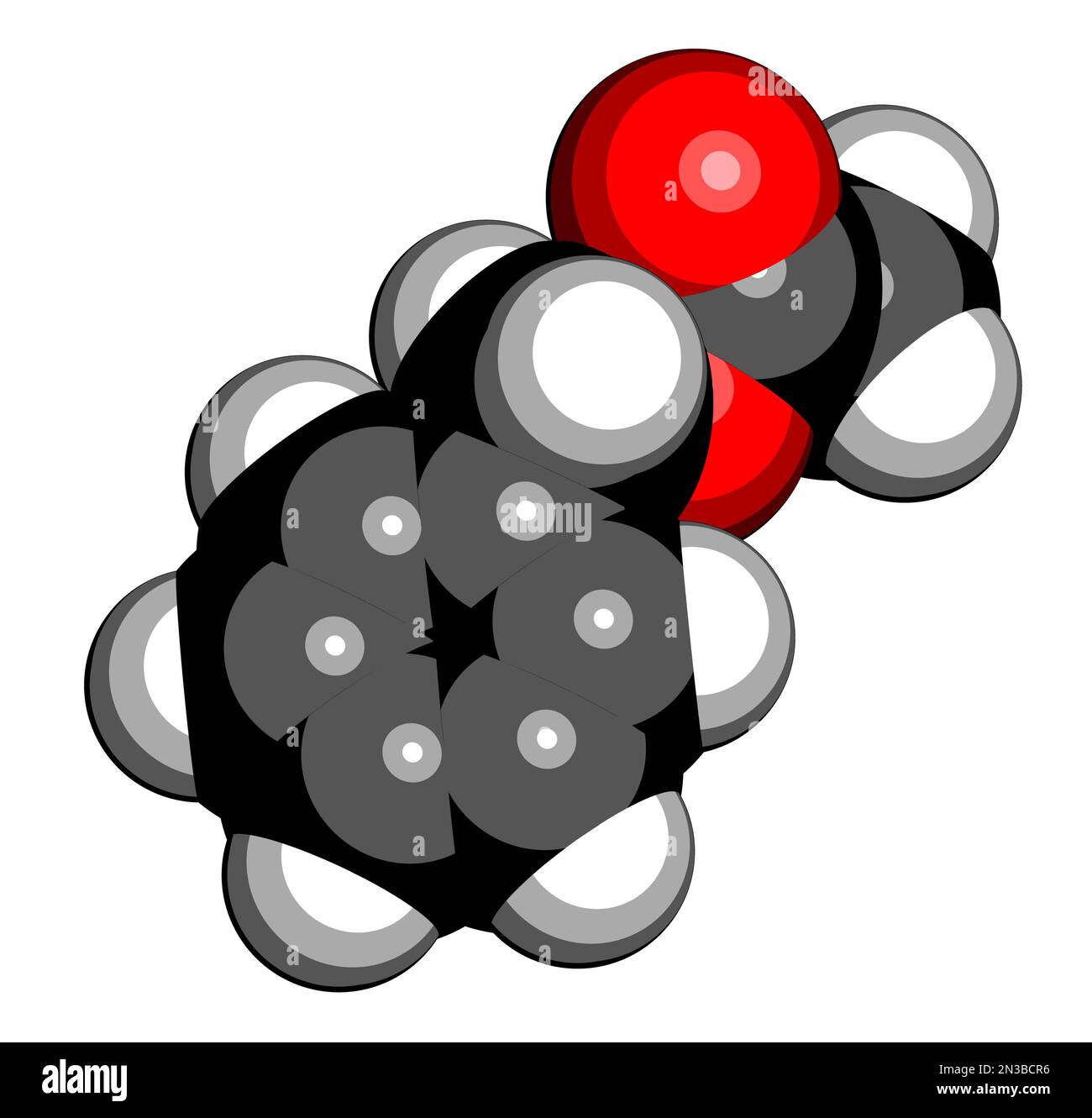 Benzylacetat-Molekül. 3D-Rendering. Atome werden als Kugeln mit herkömmlicher Farbcodierung dargestellt: Wasserstoff (weiß), Kohlenstoff (schwarz), Sauerstoff (rot) Stockfoto