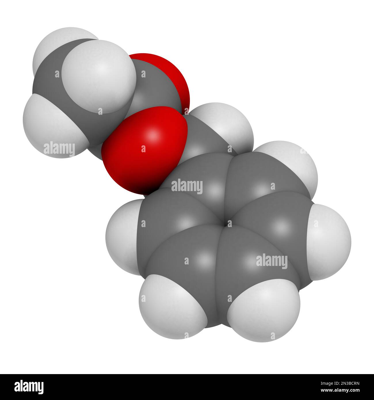 Benzylacetat-Molekül. 3D-Rendering. Atome werden als Kugeln mit herkömmlicher Farbcodierung dargestellt: Wasserstoff (weiß), Kohlenstoff (grau), Sauerstoff (rot). Stockfoto