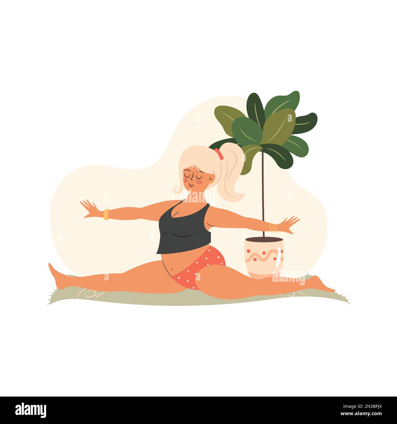 Eine Frau, die zu Hause Yoga macht. Illustration des Konzepts „Selbstzeit“ Stock Vektor