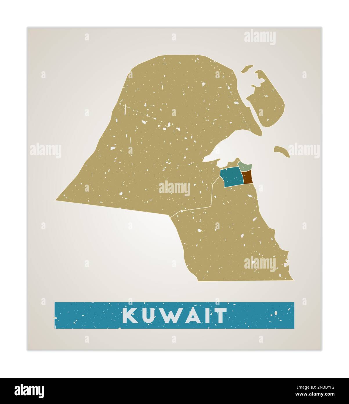 Kuwait-Karte. Länderposter mit Regionen. Alte Grunge-Textur. Form Kuwait mit Ländername. Attraktive Vektordarstellung. Stock Vektor
