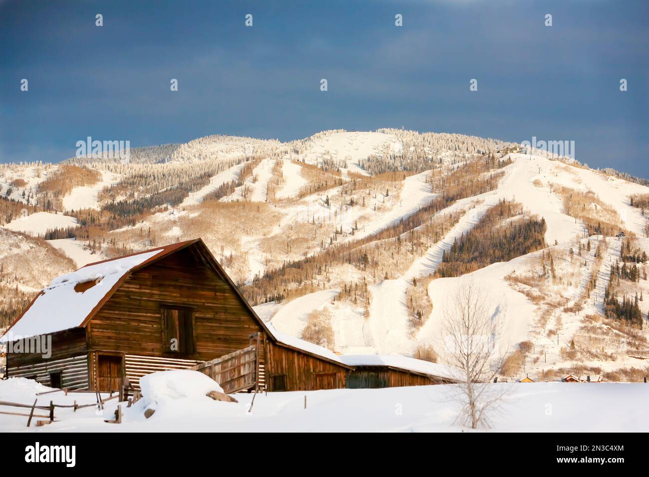 Die berühmte Steamboat Barn (More Barn) und schneebedeckte Berghänge; Steamboat Springs, Colorado, Vereinigte Staaten von Amerika Stockfoto