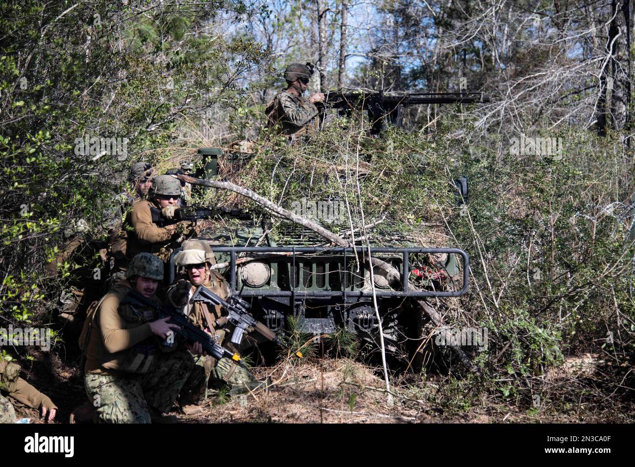 220206-N-PI330-1091 Camp Shelby, Mississippi (6. Februar 2023) Seebären, dem Mobile Construction Battalion 133 (NMCB 133) zugeteilt, und Marines, dem 8. Engineer Support Battalion (8. ESB) zugeteilt, zur Erweiterung von NMCB 133, führen ein simuliertes Feuergefecht auf Camp Shelby, Mississippi, 6. Februar 2023 durch. NMCB 133 führt im Camp Shelby, Mississippi, eine Feldübung durch, die im Rahmen des Navy Expeditionary Combat Command durchgeführt wird und die Fortgeschrittensphase des Einsatzbereitschaftstrainings (FRTP) durchführt. (USA Marinebild von Mass Communication Specialist 2. Klasse Andrew Waters/veröffentlicht) Stockfoto