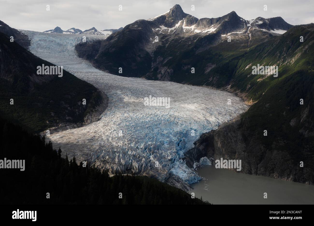 Der Taku-Gletscher ist ein Gezeitenwassergletscher und der tiefste und dickste alpine gemäßigte Gletscher der Welt. Es stammt aus dem Juneau-Eisfeld der... Stockfoto