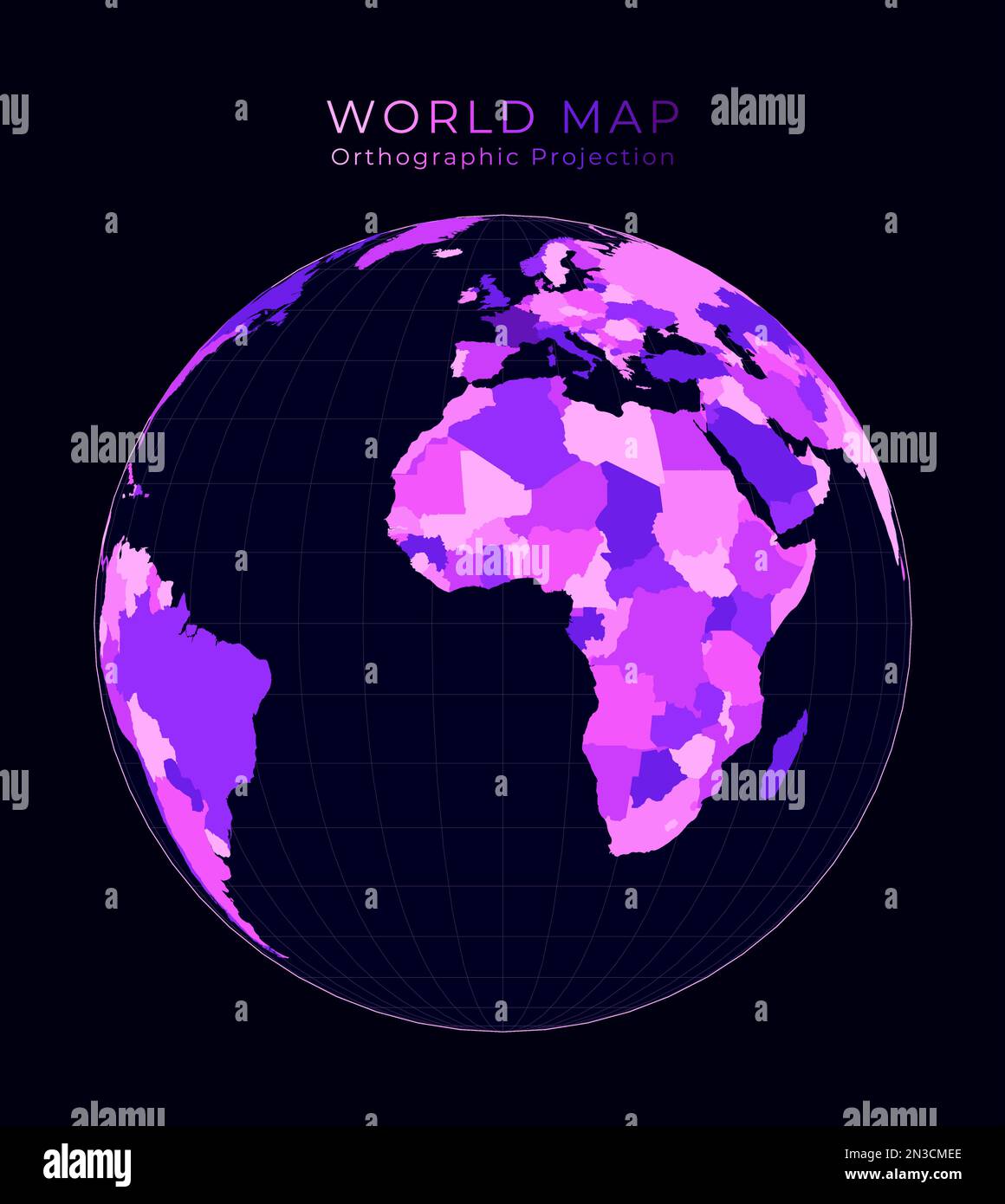 Weltkarte. Orthographische Projektion. Illustration der digitalen Welt. Leuchtend pinkfarbene Neonfarben auf dunklem Hintergrund. Elegante Vektordarstellung. Stock Vektor