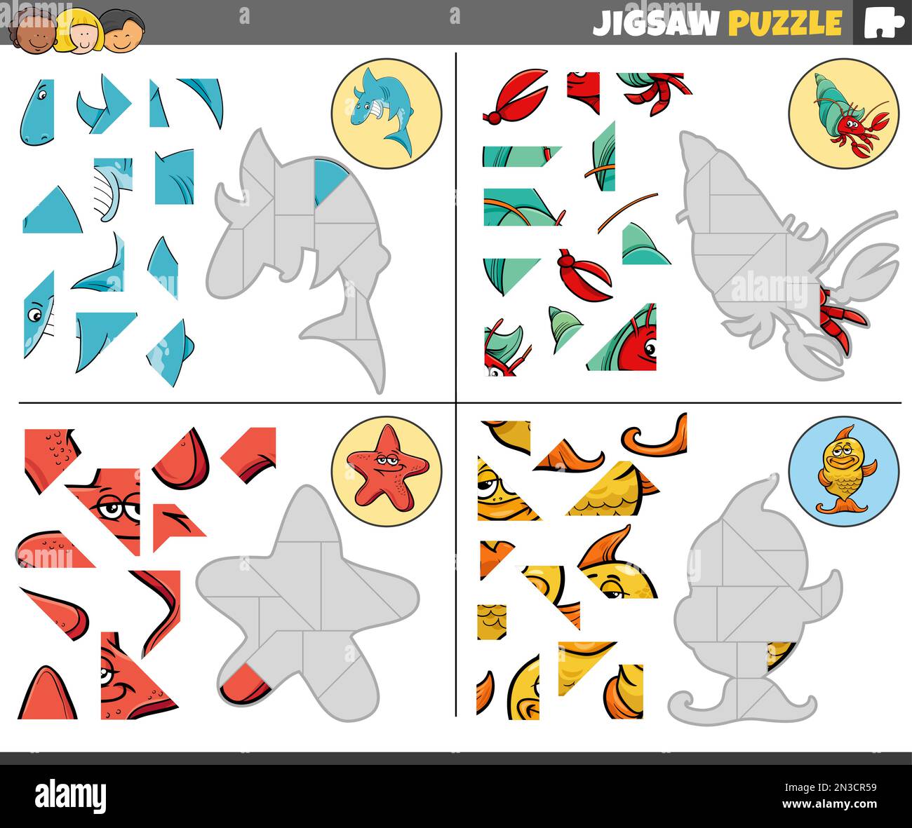 Zeichentrickfilm mit pädagogischen Puzzlespielen mit Figuren aus Meerestieren Stock Vektor