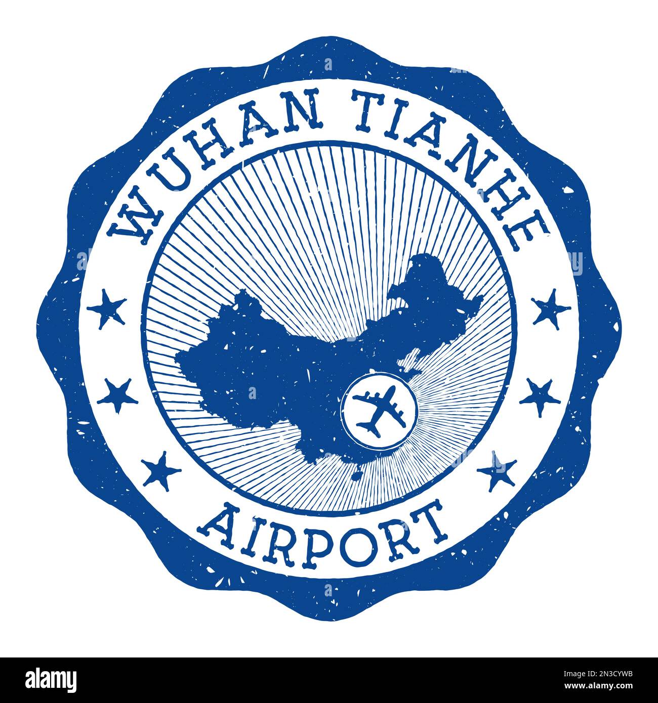 Stempel am Flughafen Wuhan Tianhe. Flughafen von Wuhan rundes Logo mit Lage auf China Karte gekennzeichnet durch Flugzeug. Vektordarstellung. Stock Vektor