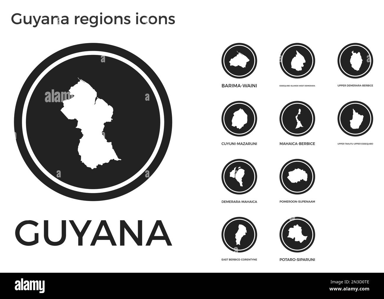 Symbole für die Region Guyana. Schwarze runde Logos mit Karten und Titeln der jeweiligen Region. Vektordarstellung. Stock Vektor