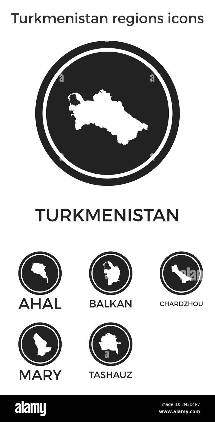 Symbole für die Regionen Turkmenistans. Schwarze runde Logos mit Karten und Titeln der jeweiligen Region. Vektordarstellung. Stock Vektor