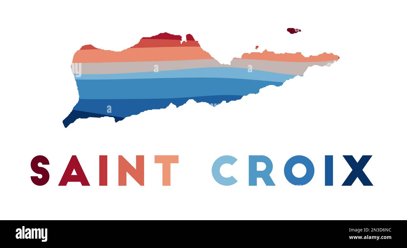 Karte von Saint Croix. Karte der Insel mit wunderschönen geometrischen Wellen in rot-blauen Farben. Lebendige Saint-Croix-Form. Vektordarstellung. Stock Vektor