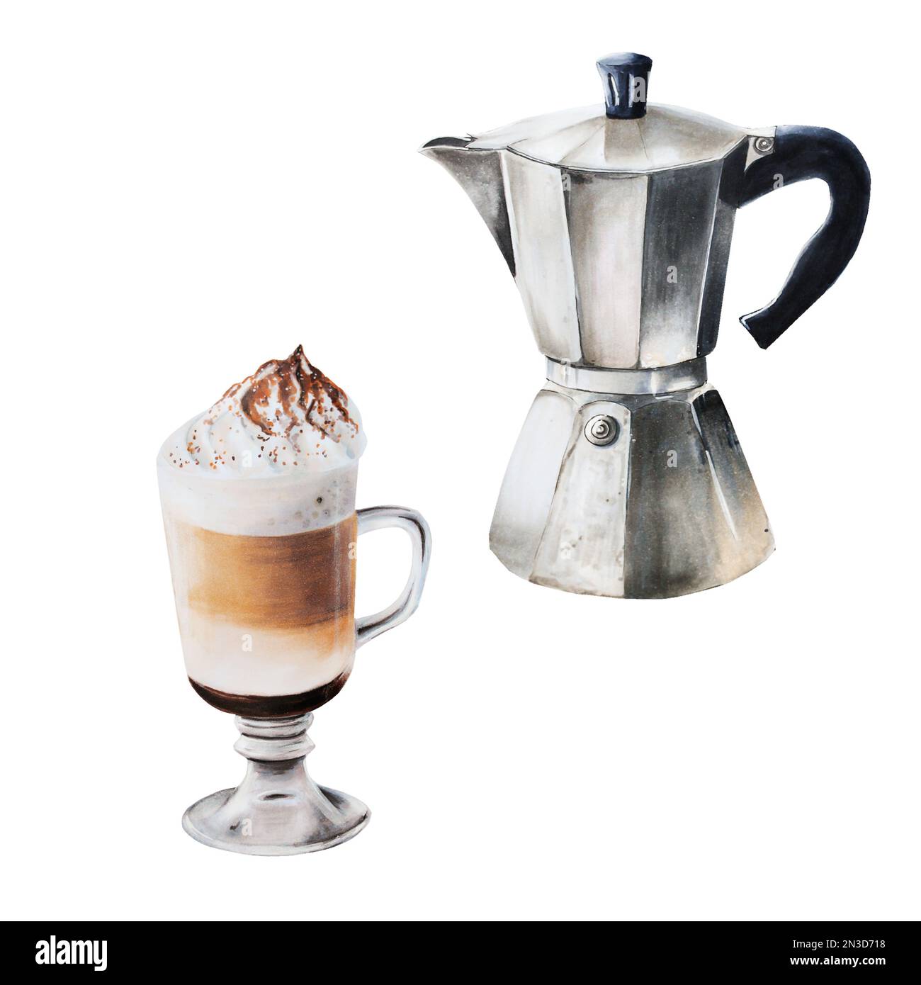 Wasserfarben-Illustration Geysirkaffeemaschine mit Tasse Latte. Handmalerei auf einem isolierten weißen Hintergrund. Für Designer, Speisekarte, Geschäft, Bar, Bistro Stockfoto