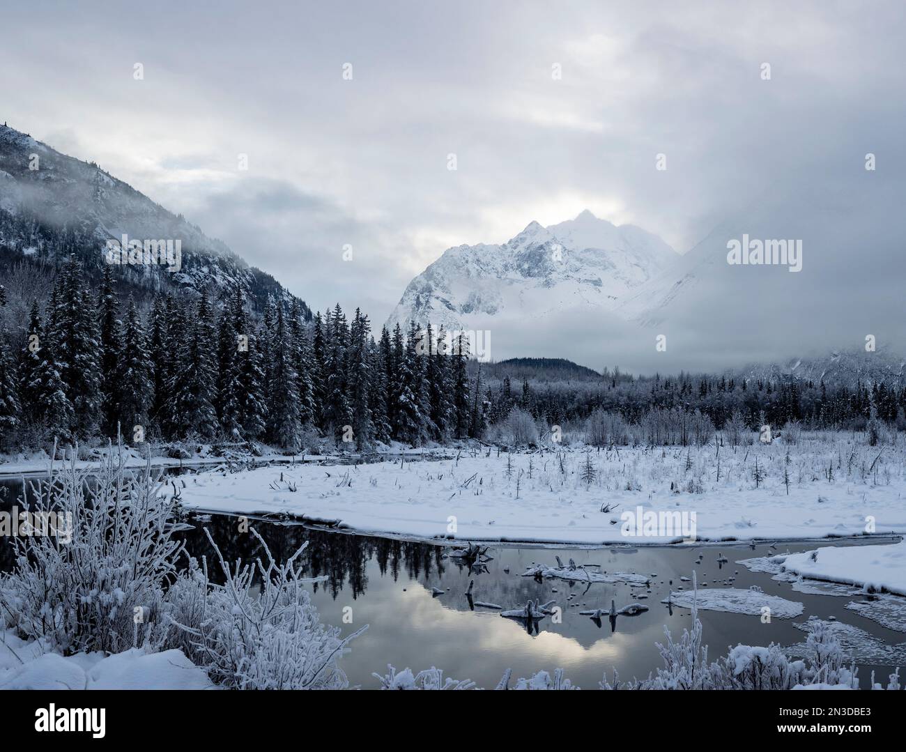 Im Chugach State Park, Eagle River, Alaska, USA, liegt Schnee über den Bergen und Wäldern Stockfoto