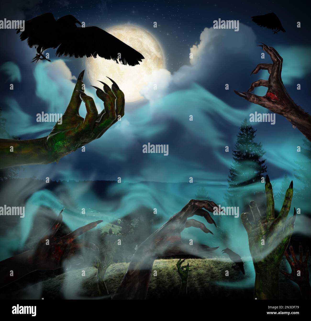 Unheimliche Zombies und Monster mit Krähen bei Vollmond an Halloween-Nacht Stockfoto
