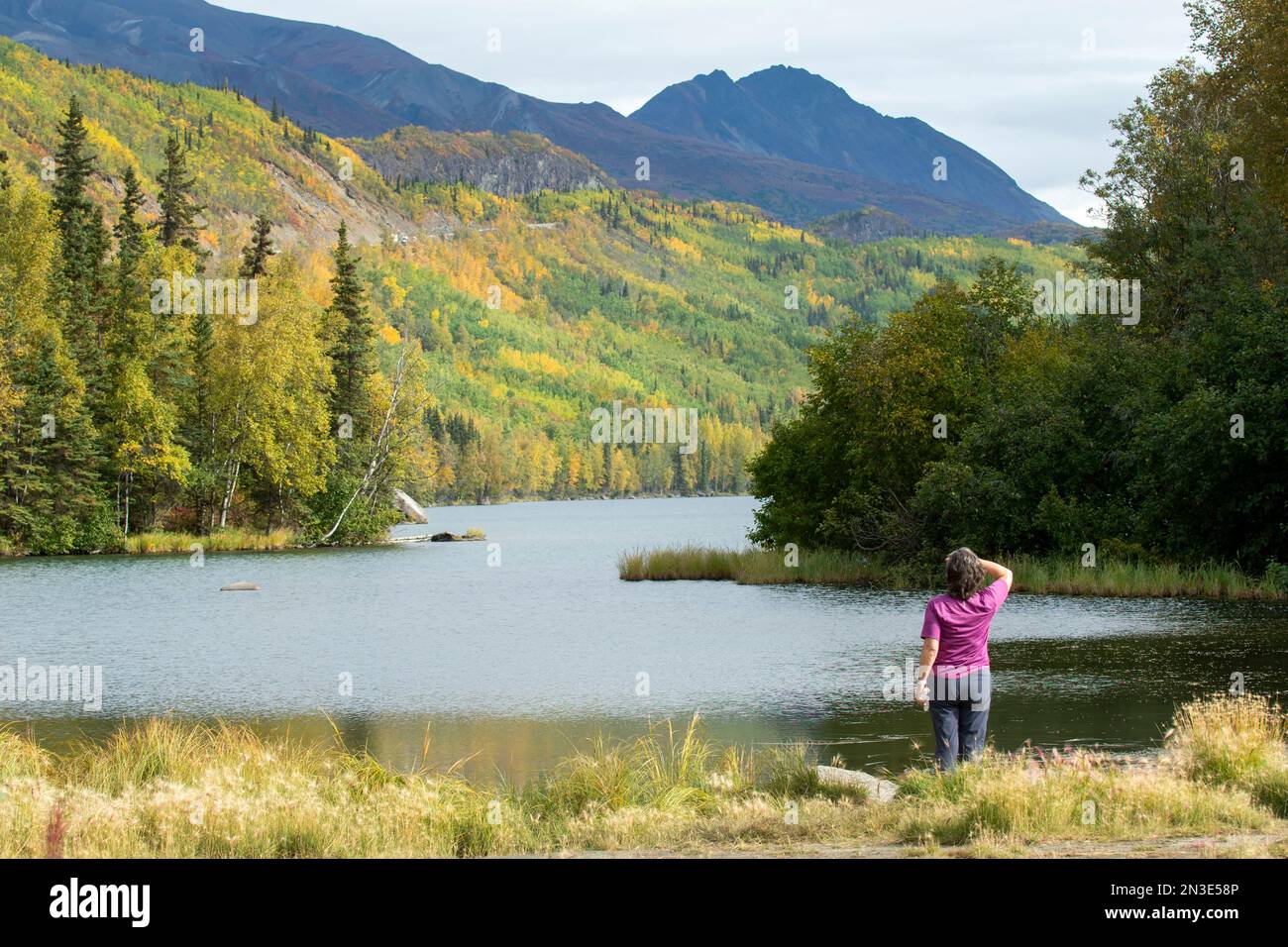 Frau blickt auf die Länge des Long Lake, auf den Glenn Highway; Long Lake, Alaska, Vereinigte Staaten von Amerika Stockfoto