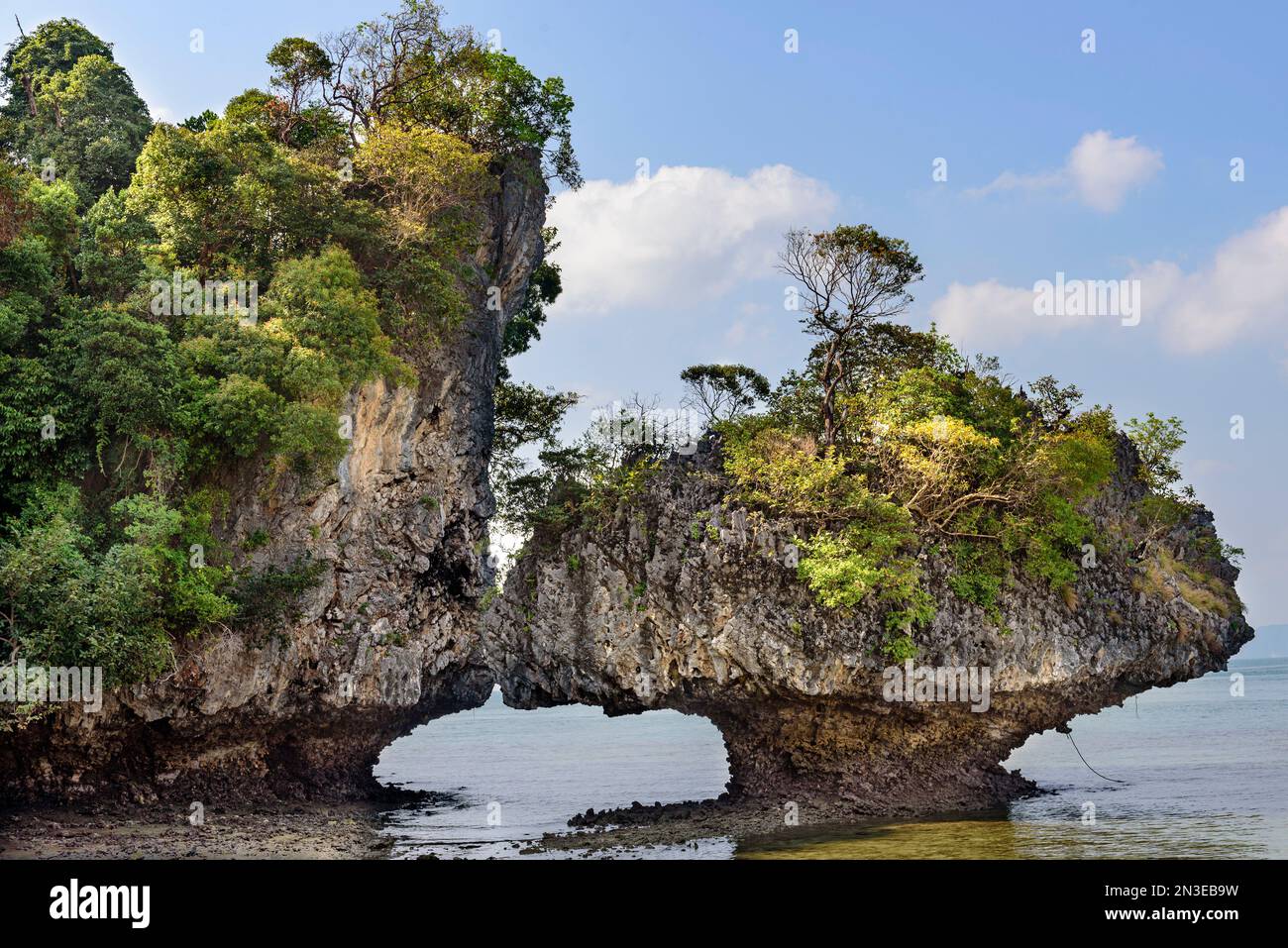 Blick auf die Klippen und Karst, Felsformationen, eine in Pilzform, entlang der Küste einer tropischen Insel; Phang Nga Bay, Thailand Stockfoto