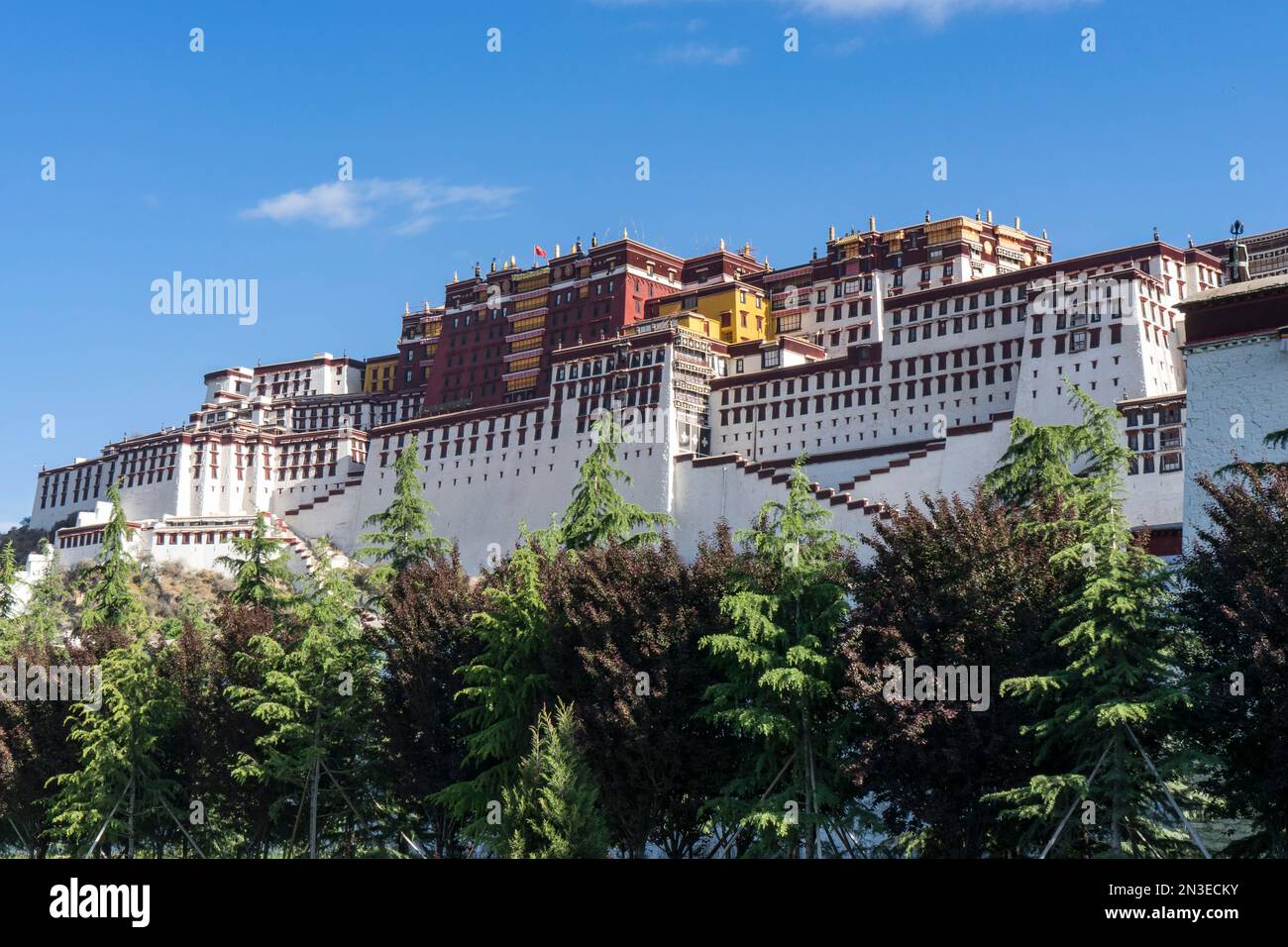 Blick auf den Potala Palast, einst der Winterpalast der Dalai Lamas, mit einem hellblauen Himmel und Bäumen im Vordergrund Stockfoto