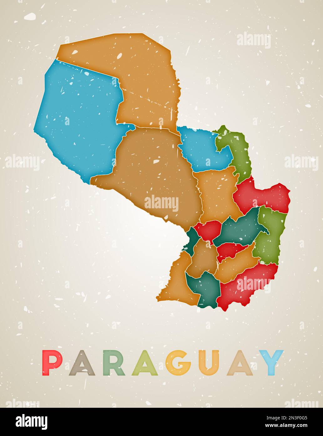Karte von Paraguay. Länderposter mit farbigen Bereichen. Alte Grunge-Textur. Vektordarstellung von Paraguay mit Ländername. Stock Vektor