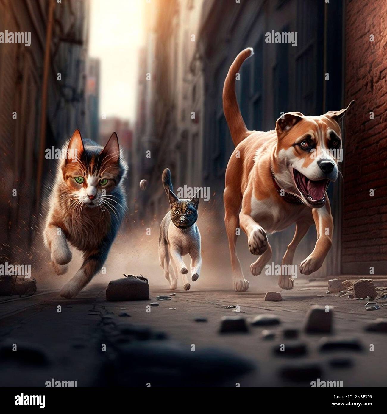 Künstliche Intelligenz erzeugt ein Bild der wilden Straßenhunde und Katzen,  die auf der Straße laufen Stockfotografie - Alamy