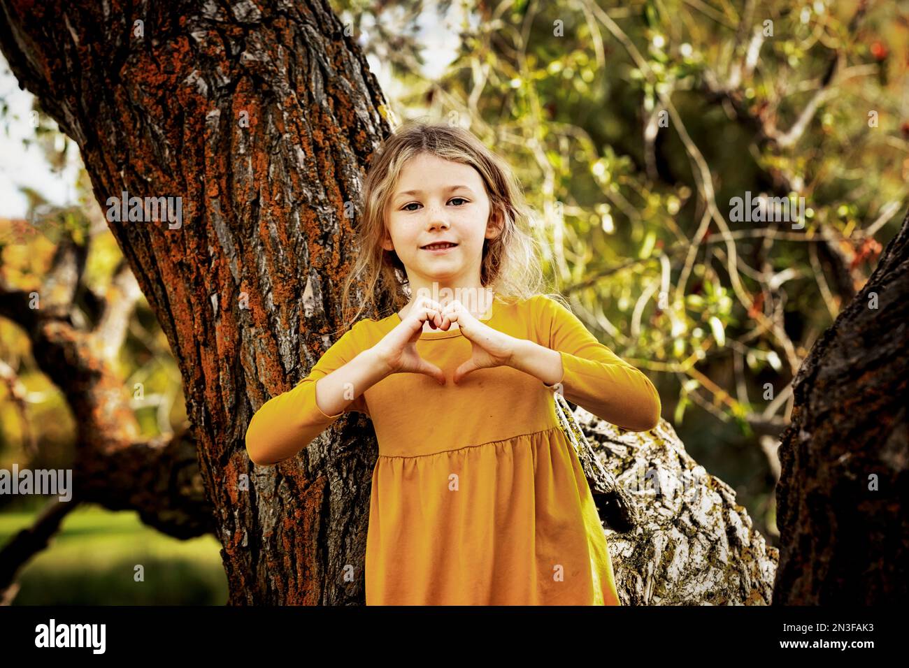 Ein junges Mädchen spielt in der Nähe eines großen Baumes und hält für ein Bild inne, während sie mit ihren Händen in einem Stadtpark eine Herzform der Liebe macht... Stockfoto