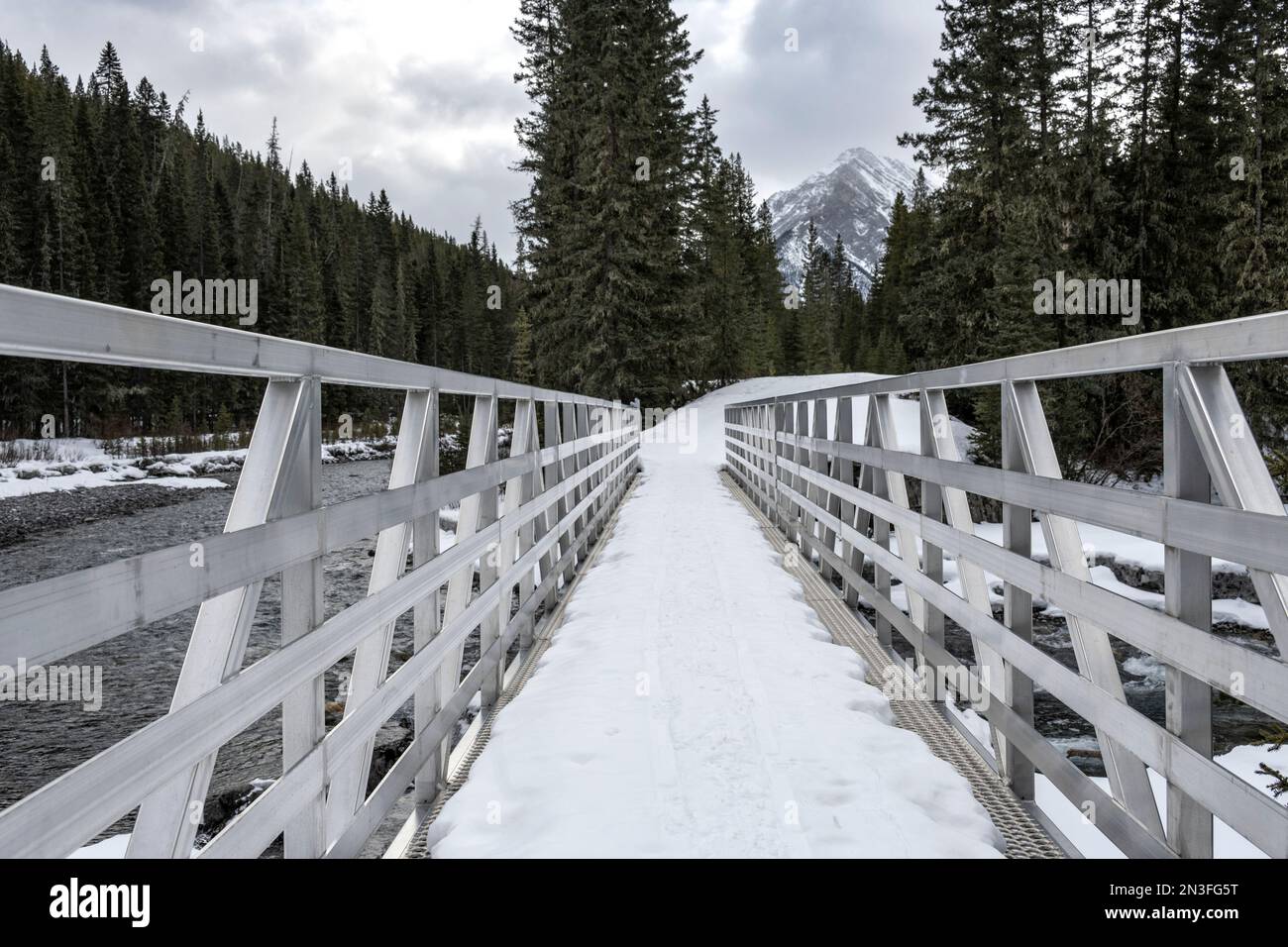 Schneebedeckter Spray River Trail im Banff National Park, Alberta, Kanada; Improvement District No. 9, Alberta, Kanada Stockfoto