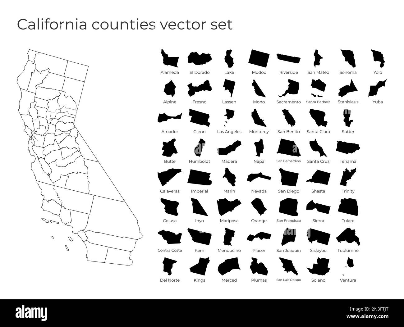 Karte Kaliforniens mit Formen von Regionen. Leere Vektorkarte des US-Bundesstaates mit Grafschaften. Borders of the US State für Ihre Infografik. Stock Vektor