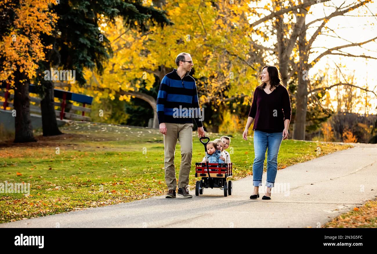 Ein Vater und eine Mutter, die während der Herbstsaison ihre kleinen Kinder in einem Wagen in einem Stadtpark ziehen, und ihr kleines Mädchen hat Down-Syndrom Stockfoto