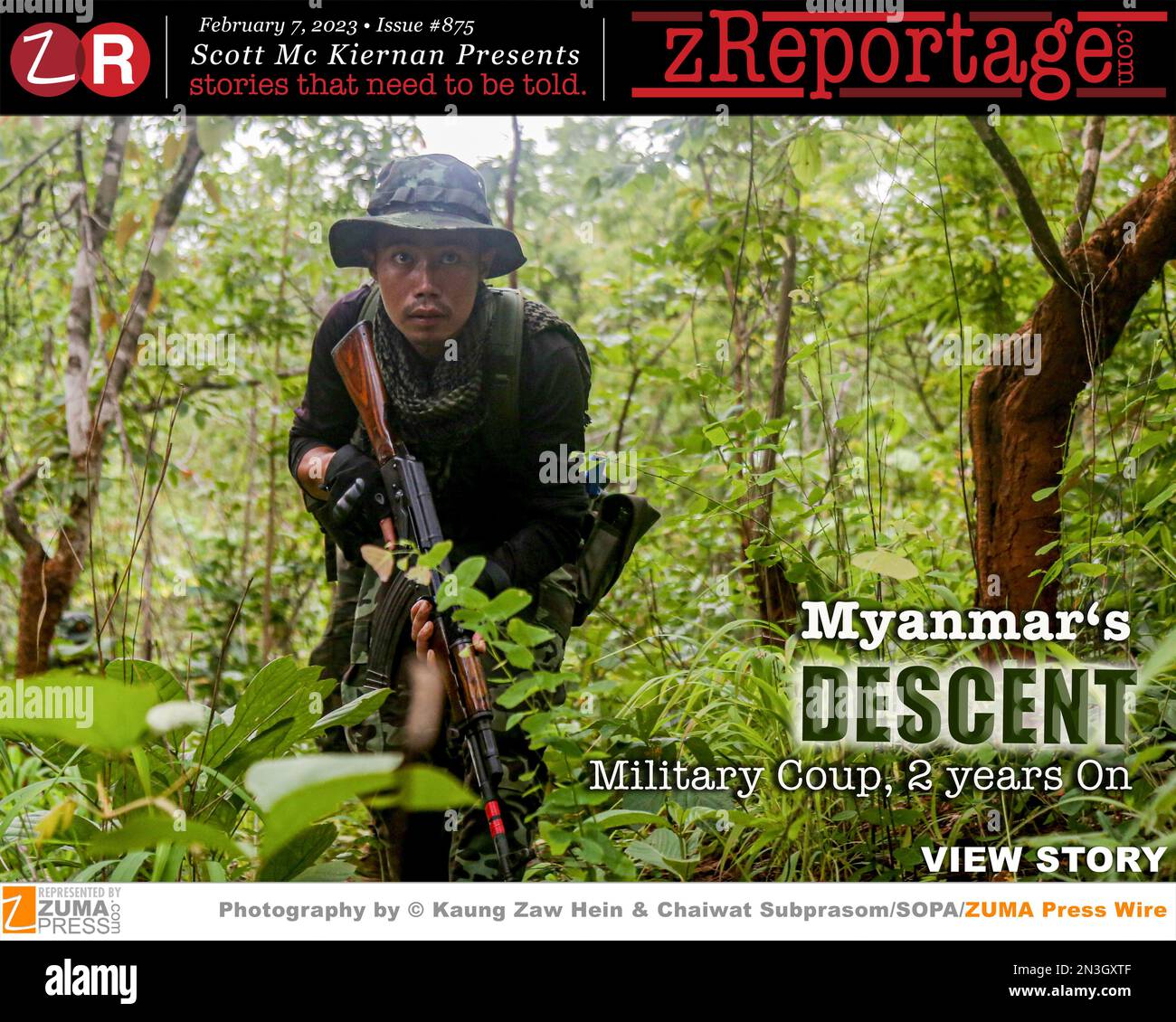 zReportage.com Geschichte der Woche #875: DIENSTAG, 7. Februar 2023: „MYANMARS DESCENT“ von den preisgekrönten SOPA-Fotografen Kaung Zaw Hein und Chaiwat Subprasom in Myanmar: In den letzten 2 Jahren seit dem Putsch hat die Militärjunta Myanmar mit extremer Brutalität regiert, die Wirtschaft des Landes in den Boden getrieben und einen Albtraum für die öffentliche Gesundheit und die Flüchtlinge geschaffen. Die Junta hat Dörfer abgefackelt, Luftangriffe auf Zivilisten gestartet und jeden festgenommen, der verdächtigt wird, demokratiefreundliche Bewegungen zu unterstützen. Die Guerillas, die gegen die Junta kämpfen, viele kommen aus Myanmars Kernland, Establishment die Volkskunst Stockfoto