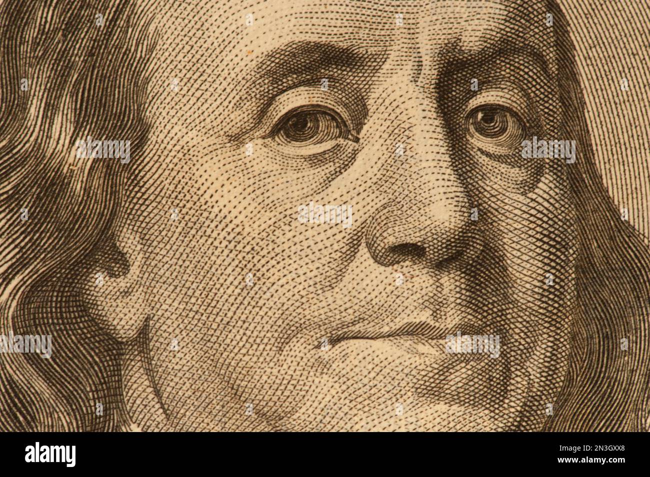 Extreme Nahaufnahme von Benjamin Franklin auf einem Hundert-Dollar-Schein; Lincoln, Nebraska, Vereinigte Staaten von Amerika Stockfoto