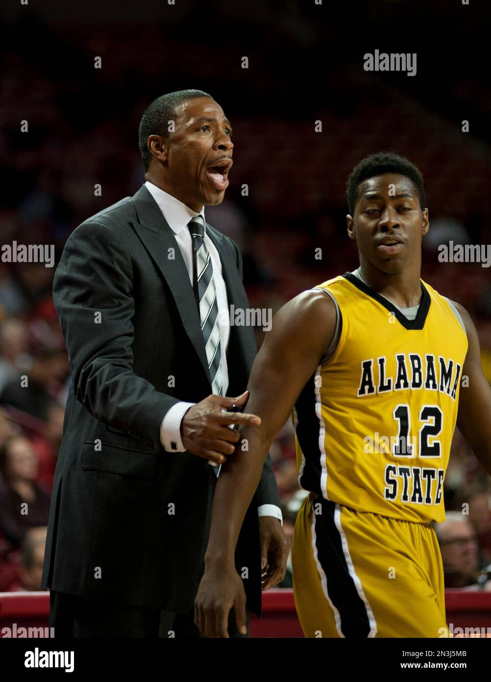 Alabama State head coach Lewis Jackson talks to his players as Jamel Waters (12) takes the court in the first half of an NCAA college basketball game against Arkansas in Fayetteville, Ark., Sunday, Nov. 16, 2014. (AP Photo/Sarah Bentham) Stockfoto